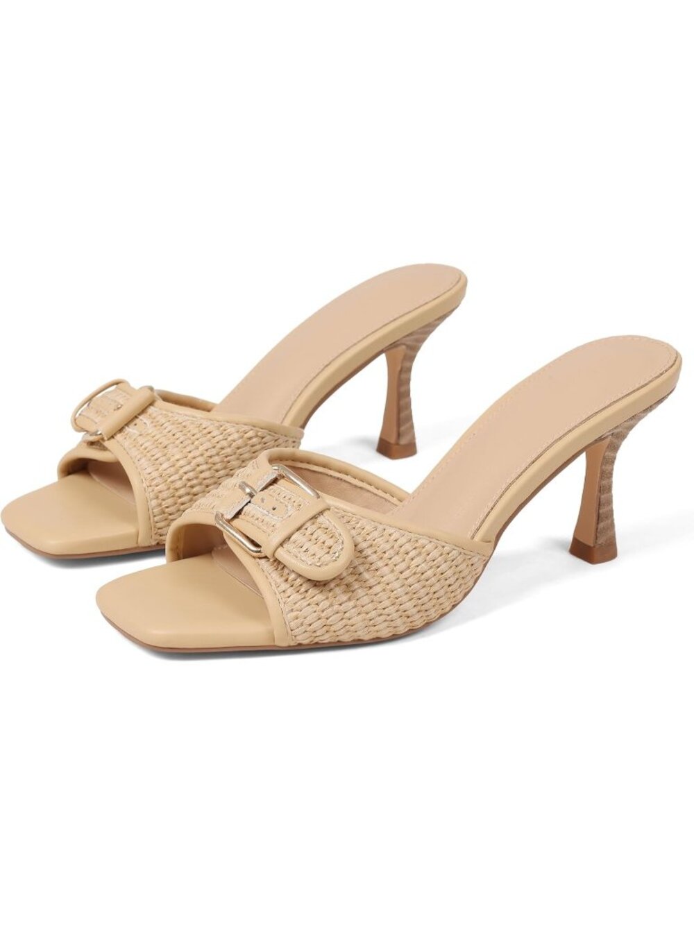 Women's Raffia Buckle Strap Kitten Sandal Comfortable Summer Mules Leather Heels